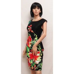 LESLIE FAY Black with Red & Green Tropical Sleeveless Social Dress 6